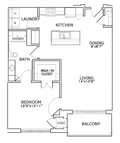 Floor plan for 1 bed, 1 bath, 837 sqft